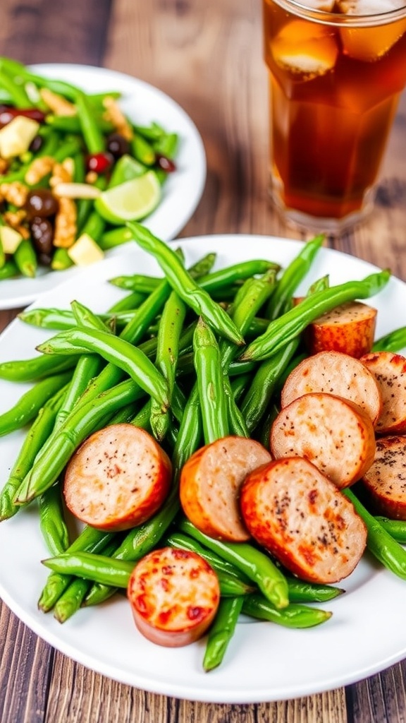 Crispy Air Fryer Green Beans and Sausage Crispy air fryer green beans and sausage on a plate, garnished with pepper, served on a wooden table.
